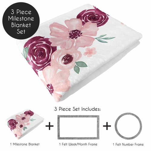 Watercolor Floral Burgundy Wine and Pink Collection Monthly Milestone Baby Blanket - alt image 1