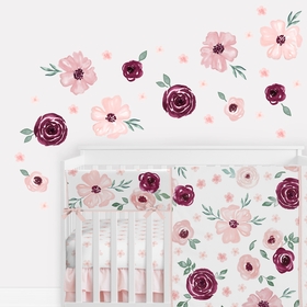 Watercolor Floral Burgundy Wine and Pink Collection Peel and Stick Wall Decal Stickers - Set of 4 Sheets