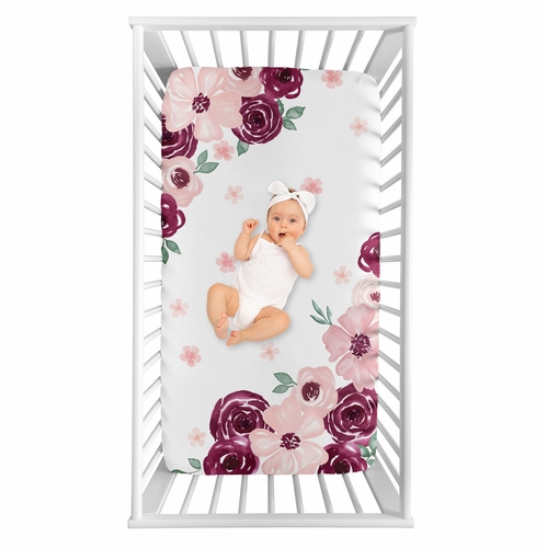 Watercolor Floral Burgundy Wine and Pink Collection Photo Op Crib Sheet