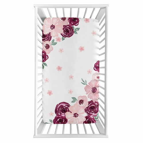 Watercolor Floral Burgundy Wine and Pink Collection Photo Op Crib Sheet - alt image 1