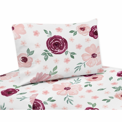 Watercolor Floral Burgundy Wine and Pink Collection Queen Sheet Set