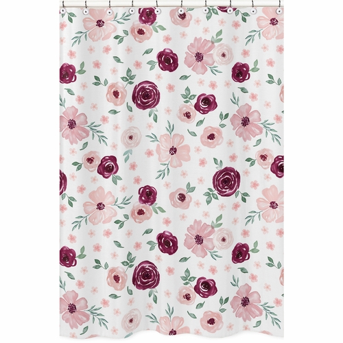 Watercolor Floral Burgundy Wine and Pink Collection Shower Curtain