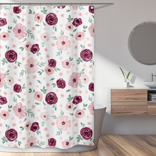Watercolor Floral Burgundy Wine and Pink Collection Shower Curtain - alt image 1