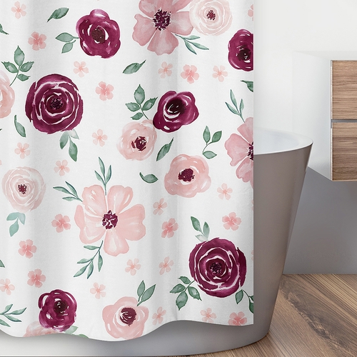 Watercolor Floral Burgundy Wine and Pink Collection Shower Curtain - alt image 2