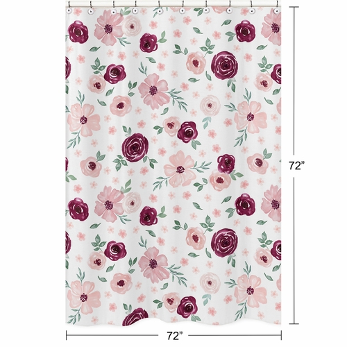 Watercolor Floral Burgundy Wine and Pink Collection Shower Curtain - alt image 4