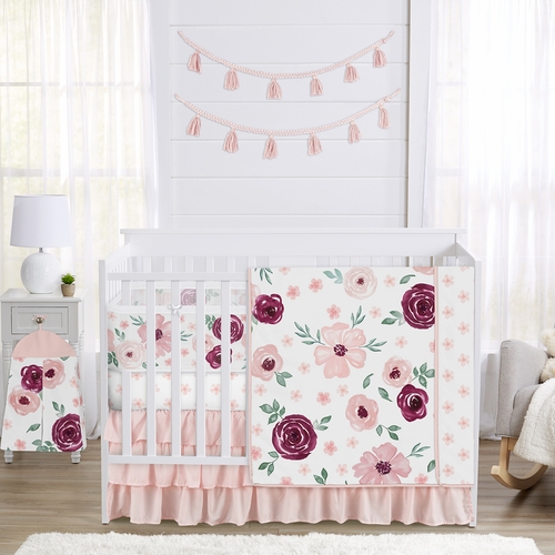 Watercolor Floral Burgundy Wine and Pink Collection Sweet Jojo Designs 6 Piece Crib Bedding + BreathableBaby Breathable Mesh Liner
