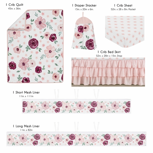 Watercolor Floral Burgundy Wine and Pink Collection Sweet Jojo Designs 6 Piece Crib Bedding + BreathableBaby Breathable Mesh Liner - alt image 1