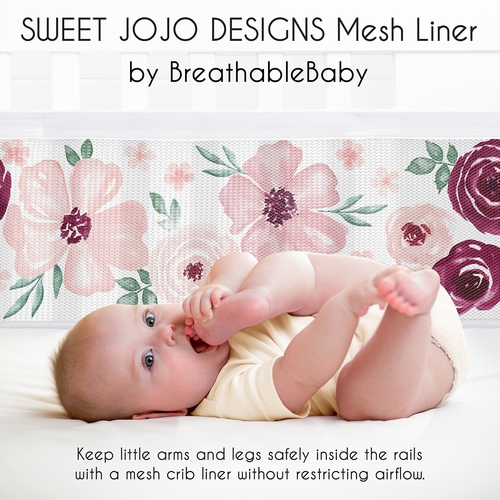 Watercolor Floral Burgundy Wine and Pink Collection Sweet Jojo Designs + BreathableBaby Breathable Mesh Crib Liner - alt image 2