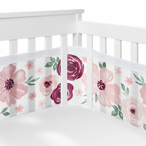 Watercolor Floral Burgundy Wine and Pink Collection Sweet Jojo Designs + BreathableBaby Breathable Mesh Crib Liner Pad