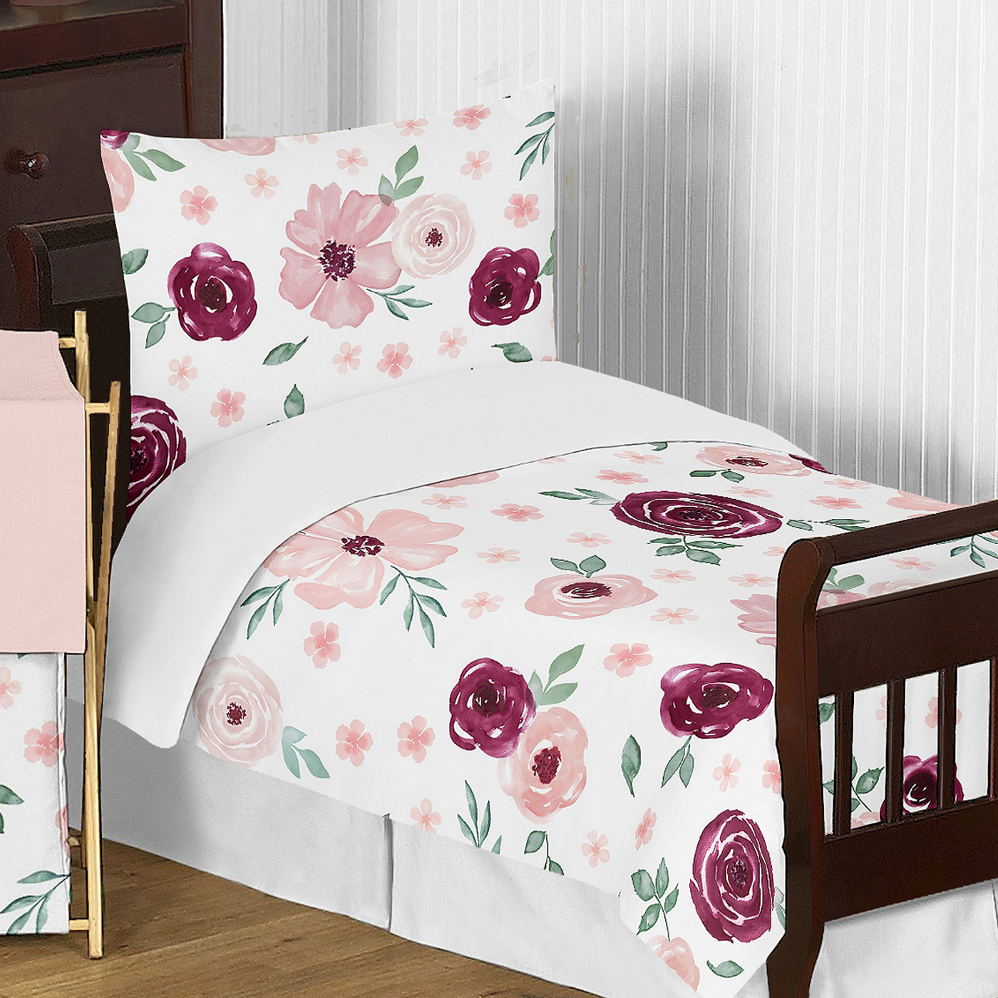 Watercolor Floral Burgundy Wine and Pink Collection Toddler Bedding