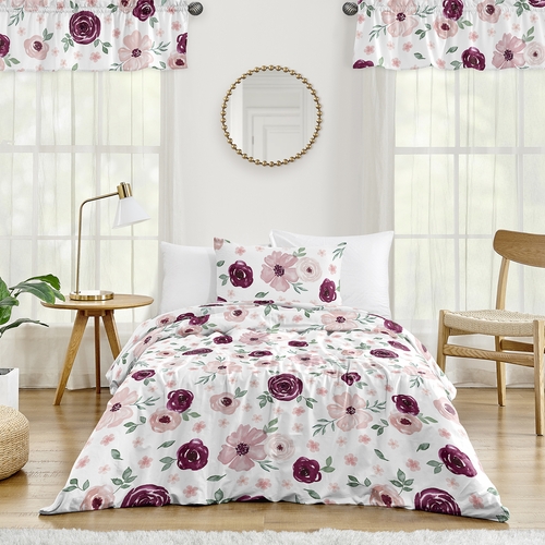 Watercolor Floral Burgundy Wine and Pink Collection Twin Bedding