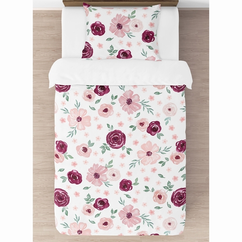 Watercolor Floral Burgundy Wine and Pink Collection Twin Bedding - alt image 2