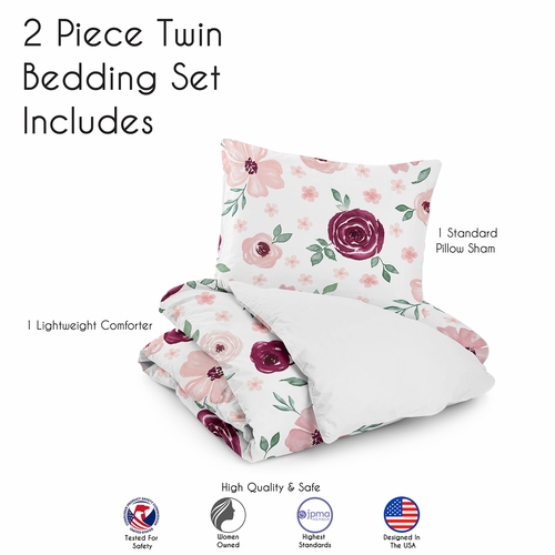 Watercolor Floral Burgundy Wine and Pink Collection Twin Bedding - alt image 4