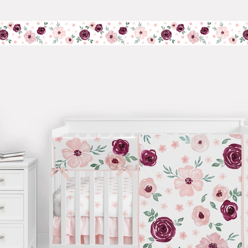 Watercolor Floral Burgundy Wine and Pink Collection Wallpaper Border