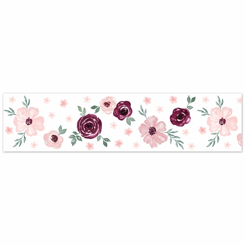 Watercolor Floral Burgundy Wine and Pink Collection Wallpaper Border - alt image 1