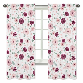 Watercolor Floral Burgundy Wine and Pink Collection Window Panels - Set of 2