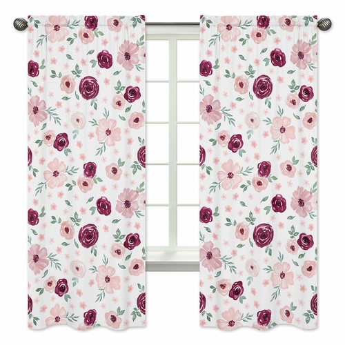 Watercolor Floral Burgundy Wine and Pink Collection Window Panels - Set of 2