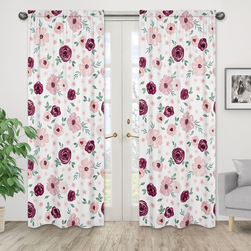Watercolor Floral Burgundy Wine and Pink Collection Window Panels - Set of 2 - alt image 1