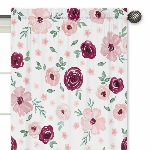 Watercolor Floral Burgundy Wine and Pink Collection Window Panels - Set of 2 - alt image 2