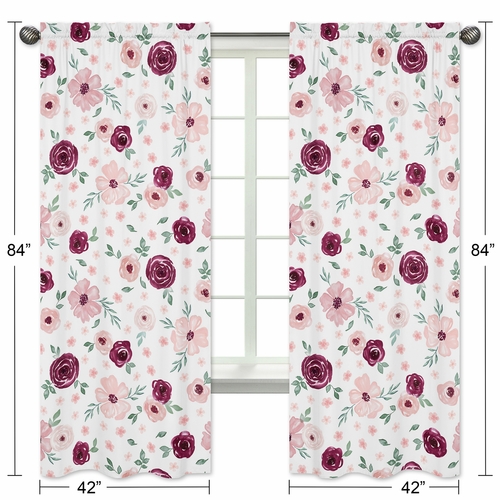Watercolor Floral Burgundy Wine and Pink Collection Window Panels - Set of 2 - alt image 4