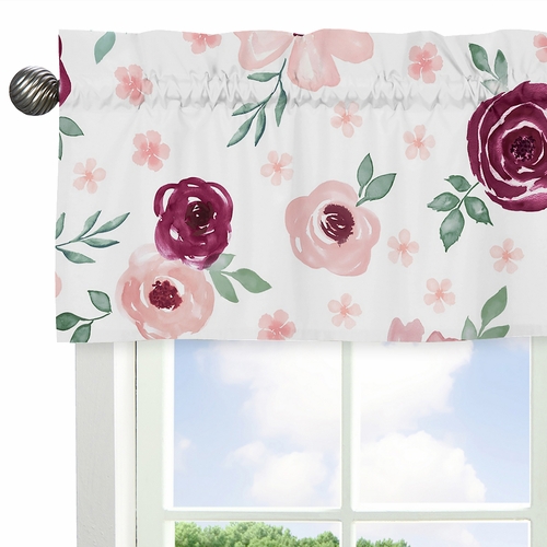 Watercolor Floral Burgundy Wine and Pink Collection Window Valance - alt image 1