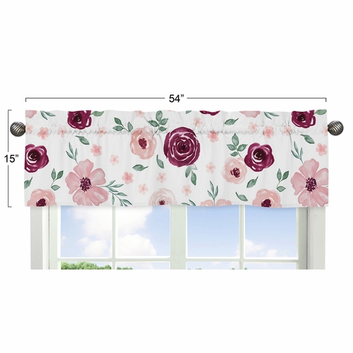 Watercolor Floral Burgundy Wine and Pink Collection Window Valance - alt image 2