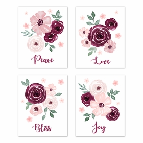 Watercolor Floral Burgundy Wine and Pink Wall Art Prints - Set of 4