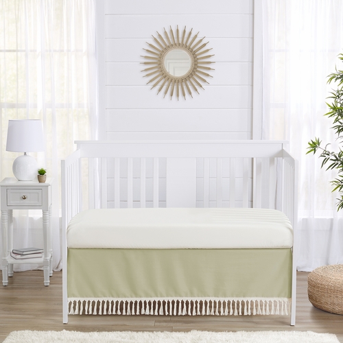 Watercolor Floral Garden Sage Green Collection Solid Sage Green Fringe Crib Bed Skirt - alt image 1