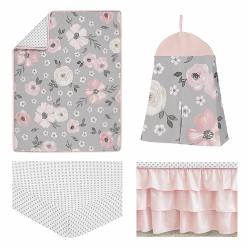 Watercolor Floral Grey Collection 4 Piece Crib Bedding - alt image 1