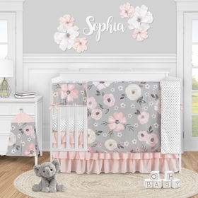 Watercolor Floral Grey Collection 5 Piece Crib Bedding