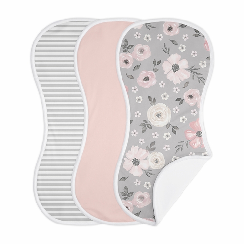 Watercolor Floral Grey Collection Absorbent Burp Cloths - 3 Pack Set
