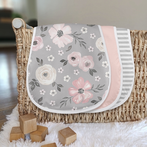 Watercolor Floral Grey Collection Absorbent Burp Cloths - 3 Pack Set - alt image 2