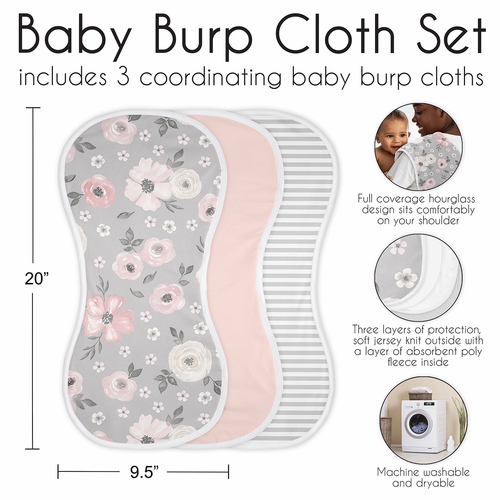Watercolor Floral Grey Collection Absorbent Burp Cloths - 3 Pack Set - alt image 5