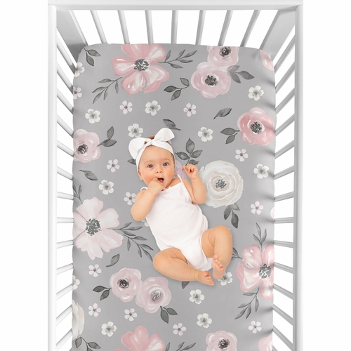 Watercolor Floral Grey Collection Crib Sheet - alt image 3