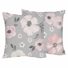 Watercolor Floral Grey Collection Decorative Accent Throw Pillow Covers - Set of 2