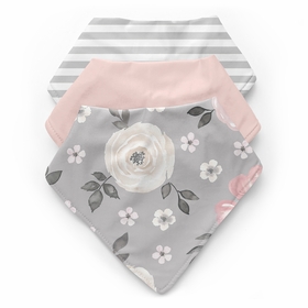 Watercolor Floral Grey Collection Fabric Bandana Baby Bibs - 3 Pack Set