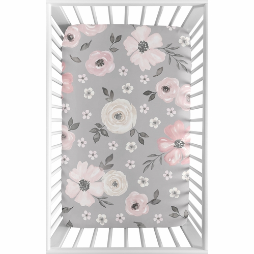 Watercolor Floral Grey Collection Mini Crib Sheet - alt image 1