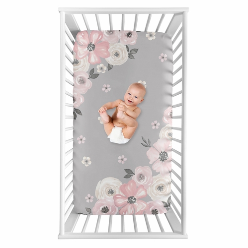 Watercolor Floral Grey Collection Photo Op Crib Sheet