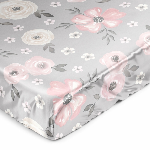 Watercolor Floral Grey Collection Satin Fitted Crib Sheet