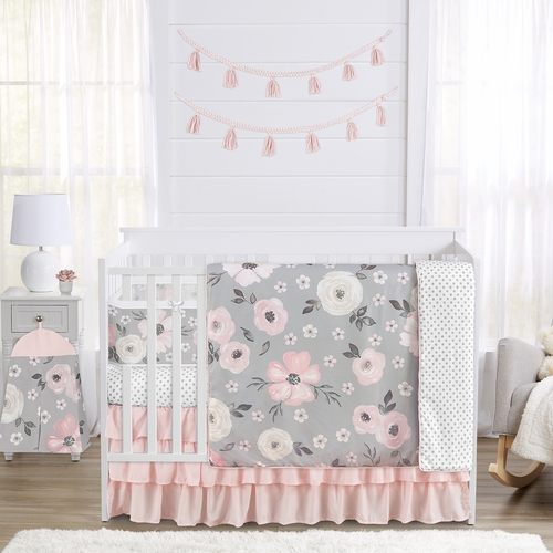 Watercolor Floral Grey Collection Sweet Jojo Designs 6 Piece Crib Bedding + BreathableBaby Breathable Mesh Liner