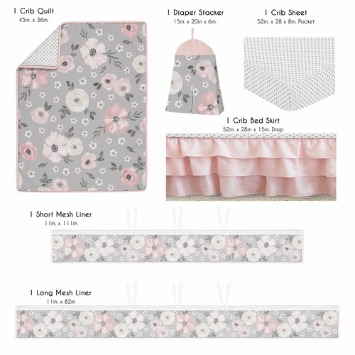 Watercolor Floral Grey Collection Sweet Jojo Designs 6 Piece Crib Bedding + BreathableBaby Breathable Mesh Liner - alt image 1