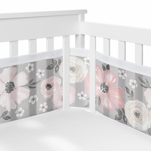 Watercolor Floral Grey Collection Sweet Jojo Designs + BreathableBaby Breathable Mesh Crib Liner Pad