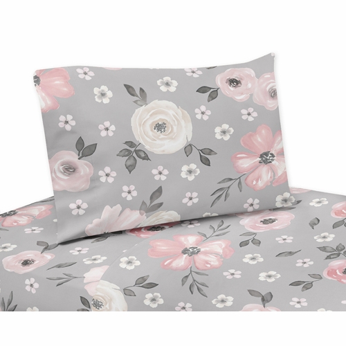 Watercolor Floral Grey Collection Twin Sheet Set