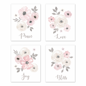 Watercolor Floral Grey Collection Wall Art Prints - Set of 4