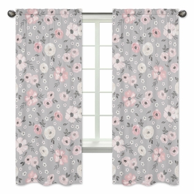 Watercolor Floral Grey Collection Window Panels - Set of 2