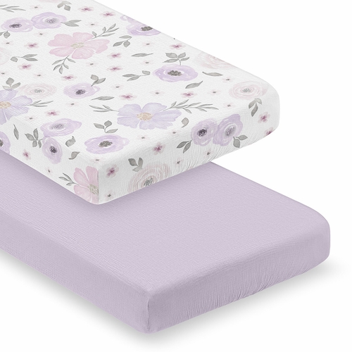 Watercolor Floral Lavender and Grey Collection 100% Cotton Muslin 2 Pack Crib Sheets
