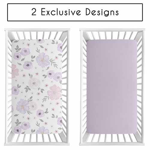 Watercolor Floral Lavender and Grey Collection 100% Cotton Muslin 2 Pack Crib Sheets - alt image 1