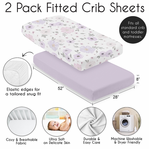 Watercolor Floral Lavender and Grey Collection 100% Cotton Muslin 2 Pack Crib Sheets - alt image 3