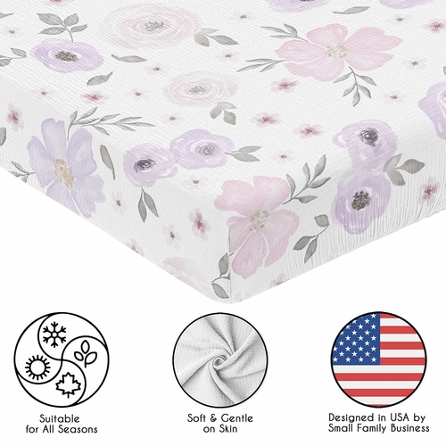Watercolor Floral Lavender and Grey Collection 100% Cotton Muslin 2 Pack Crib Sheets - alt image 4
