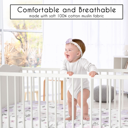 Watercolor Floral Lavender And Grey Collection 100% Cotton Muslin Crib Sheet - alt image 1